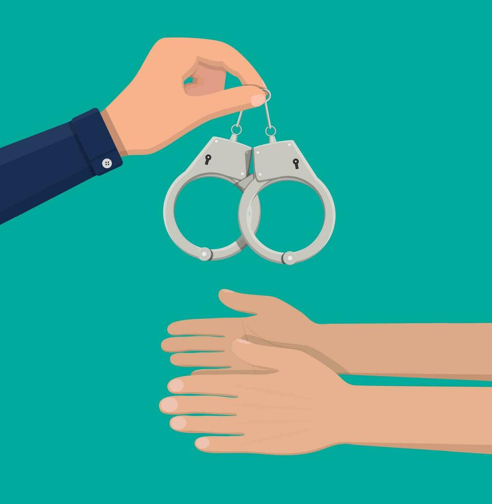 Modern metal handcuffs in hand of police officer. Concept of safety, security, justice and law. Vector illustration in flat style