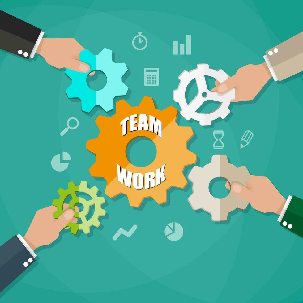 Cartoon businessmans hands joining gears. Business team and teamwork concept. vector illustration in flat design on green background.