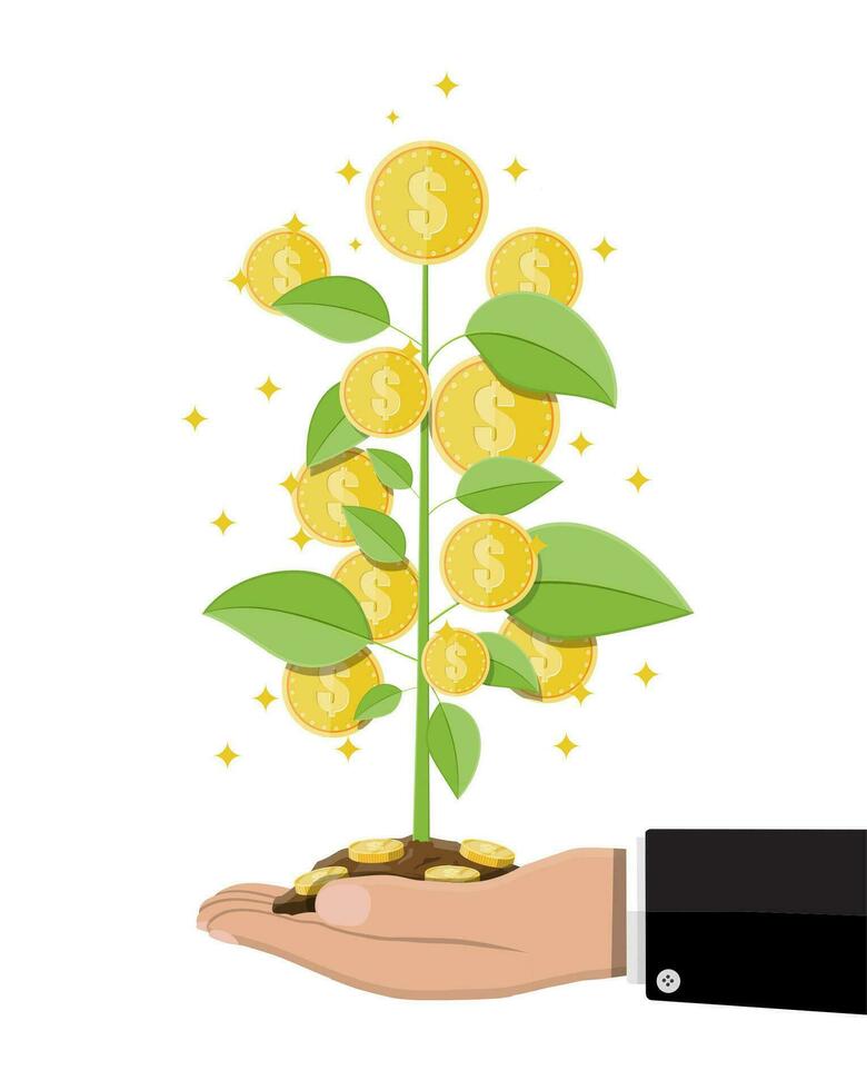 Money coin tree in hand of businessman. Growing money tree. Investment, investing. Gold coins on branches. Symbol of wealth. Business success. Flat style vector illustration.