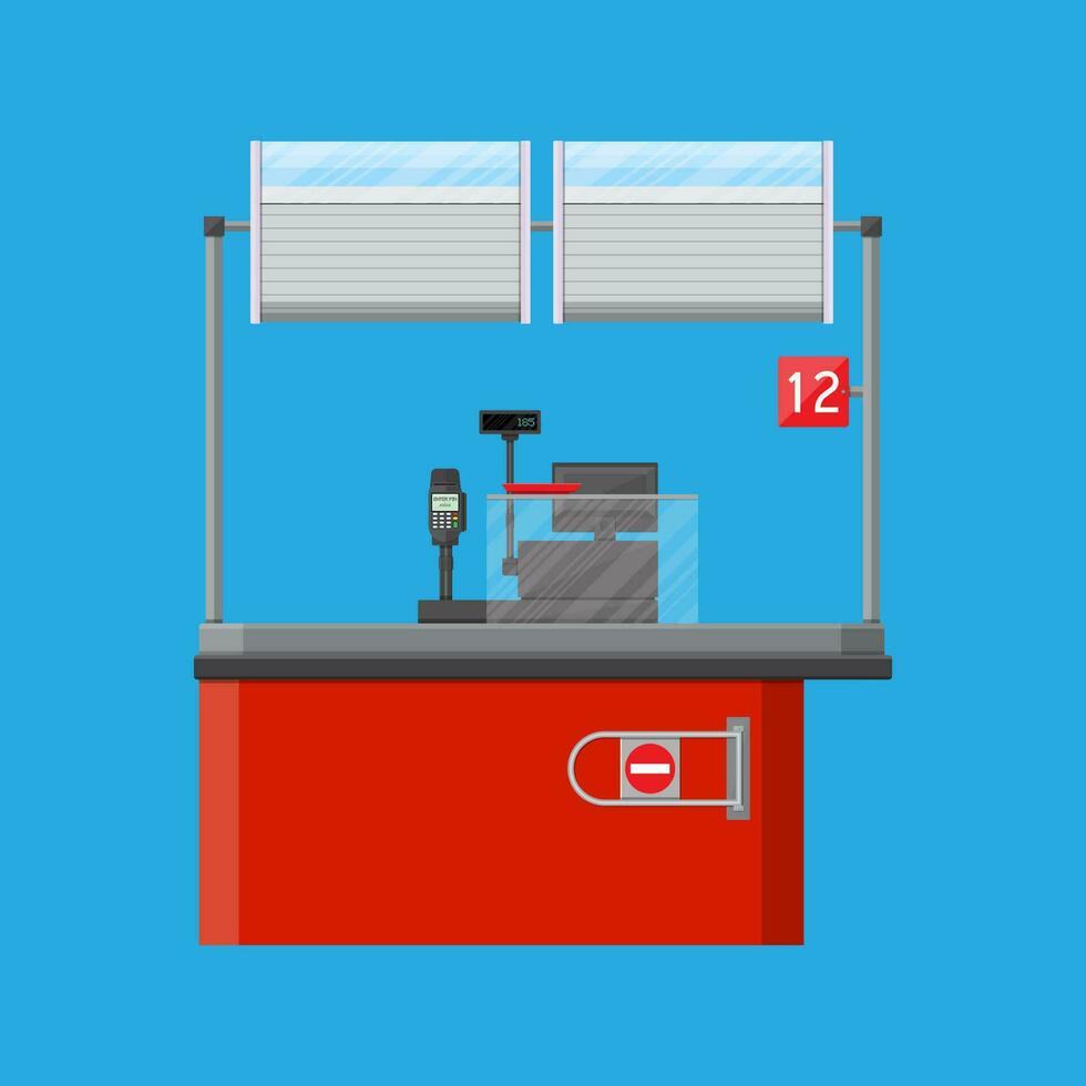 Cashier counter workplace. Cash register, pos terminal and keypad. Vector illustration in flat style