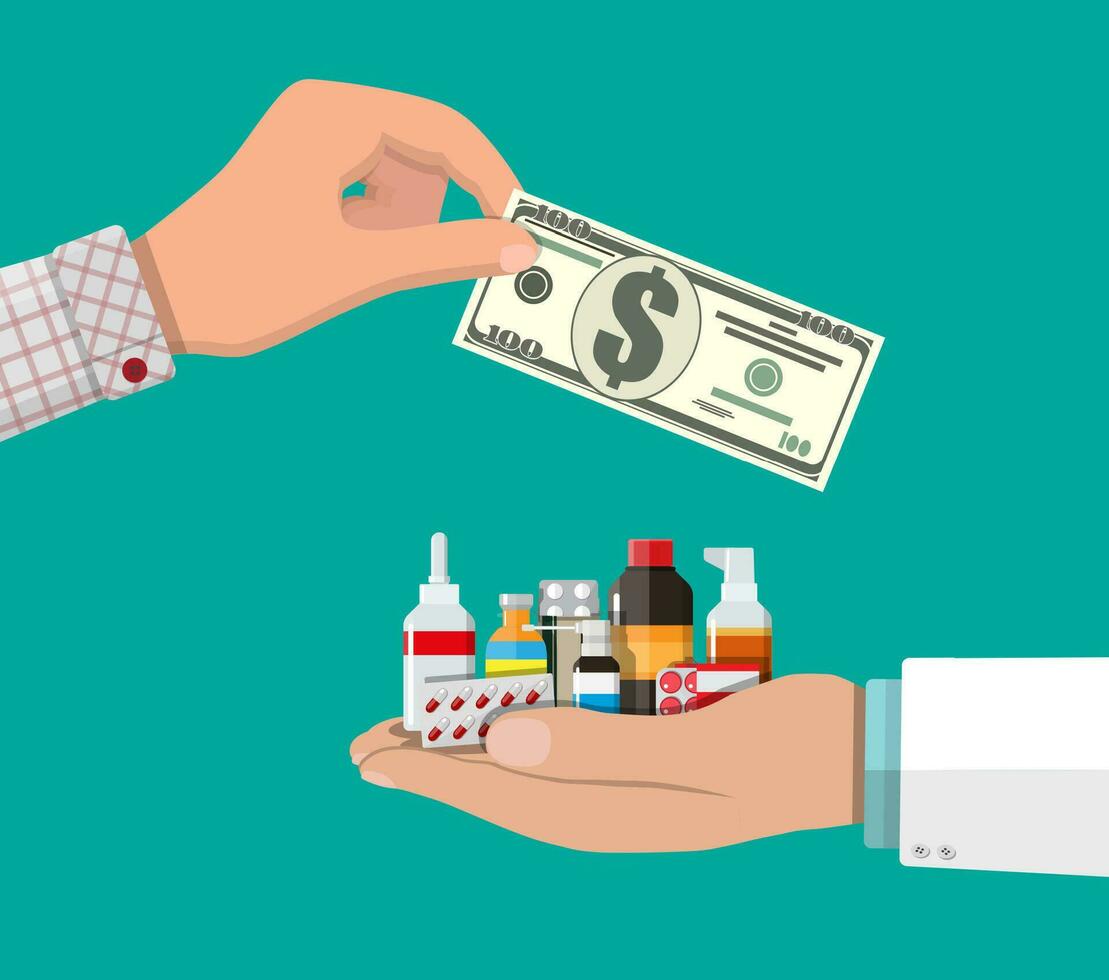 mano de el farmacéutico con pastillas y mano de cliente con dinero. comprando y de venta drogas farmacia tienda. vector ilustración en plano estilo