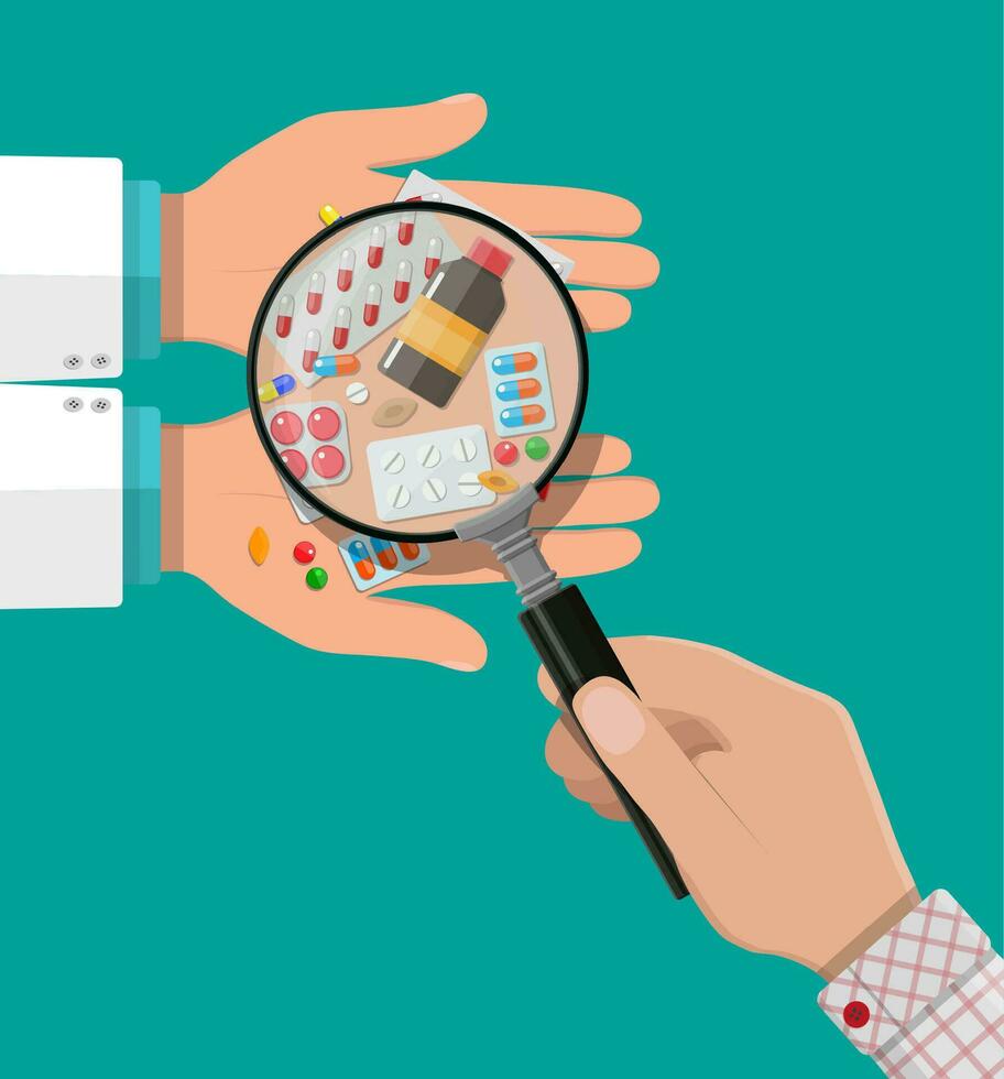 Hand of the pharmacist with pills and drugs and hand with magnifying glass. Pharmacy shop. Rx. Vector illustration in flat style