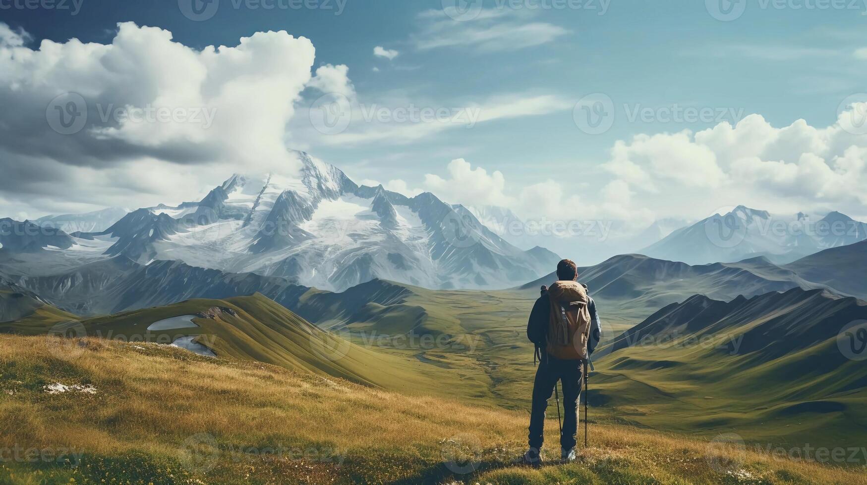 AI generated reality photo of man enjoying the view from the plateau to Elbrus, clouds and mountain fields glowing in summer, a very stunning view