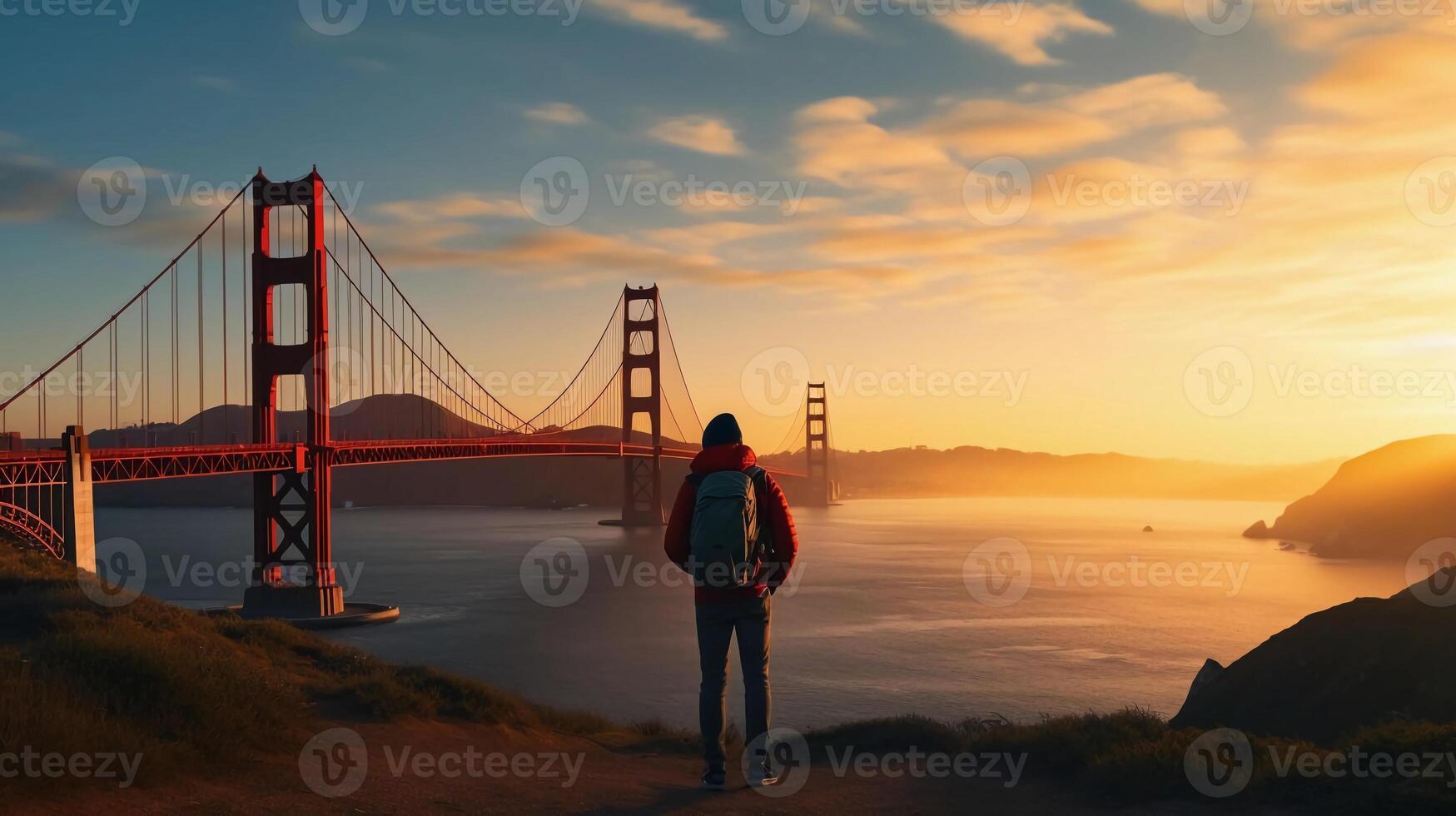 AI generated reality photo of Asian man enjoying taking photos of the Golden Gate Bridge at sunrise