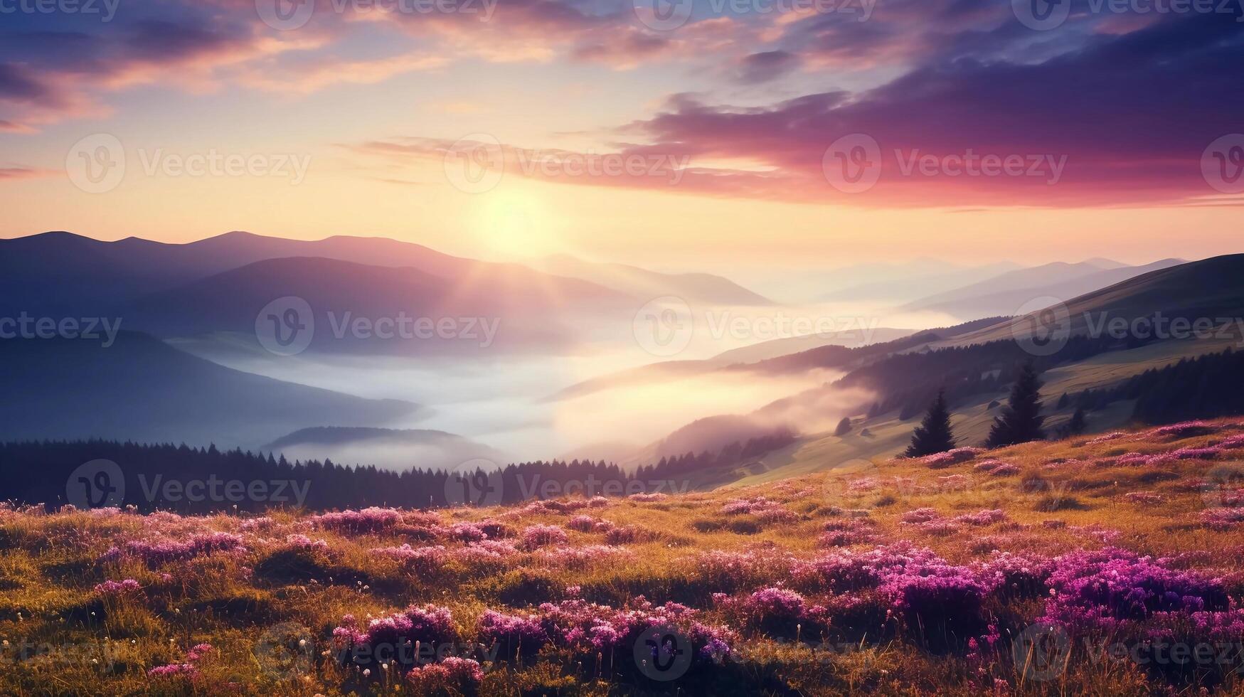 AI generated reality photo Misty summer sunrise in the Carpathian mountains. Magnificent morning view