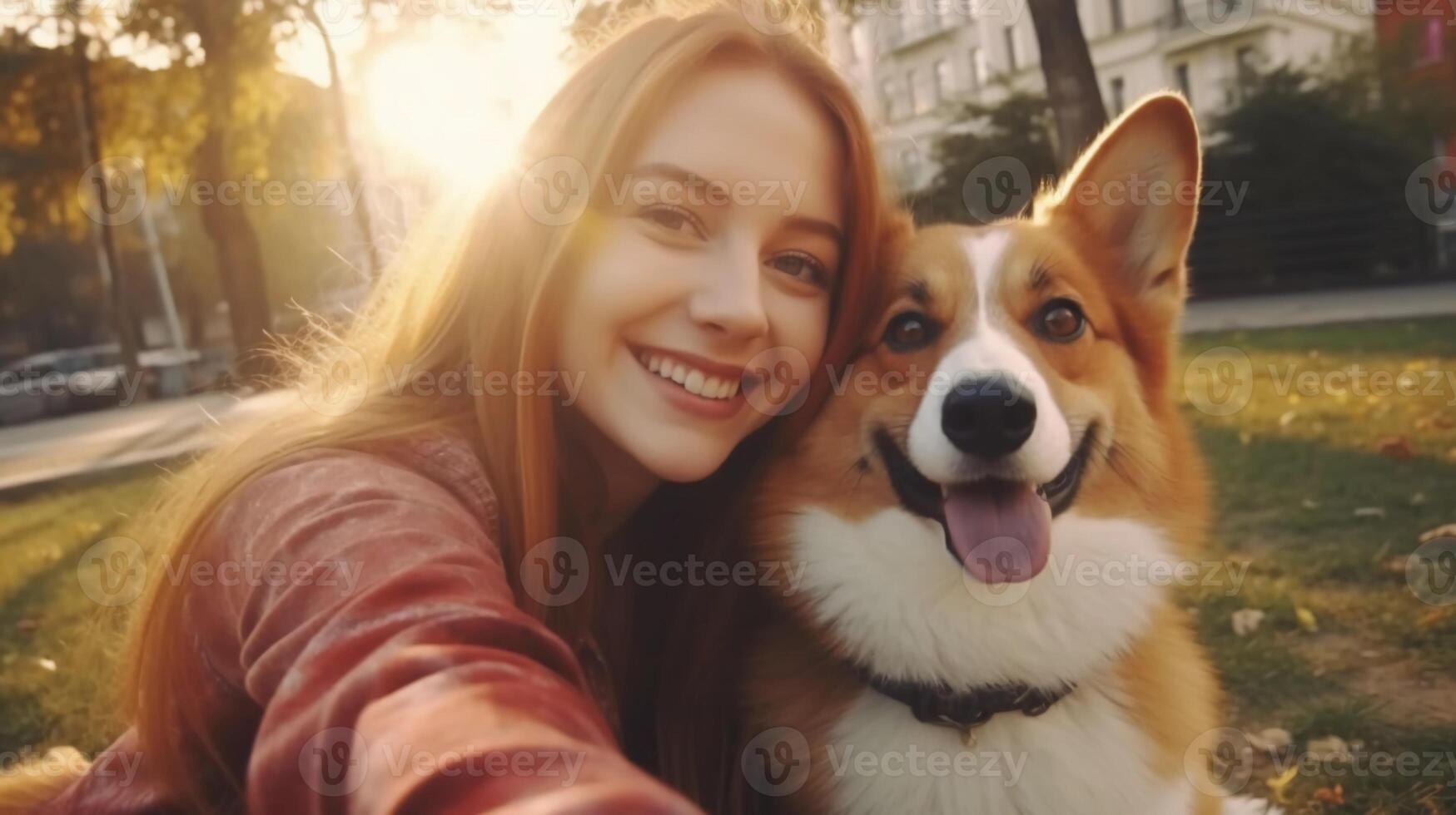 AI generated reality photo of woman taking selfie with pet welsh corgi dog on smart phone