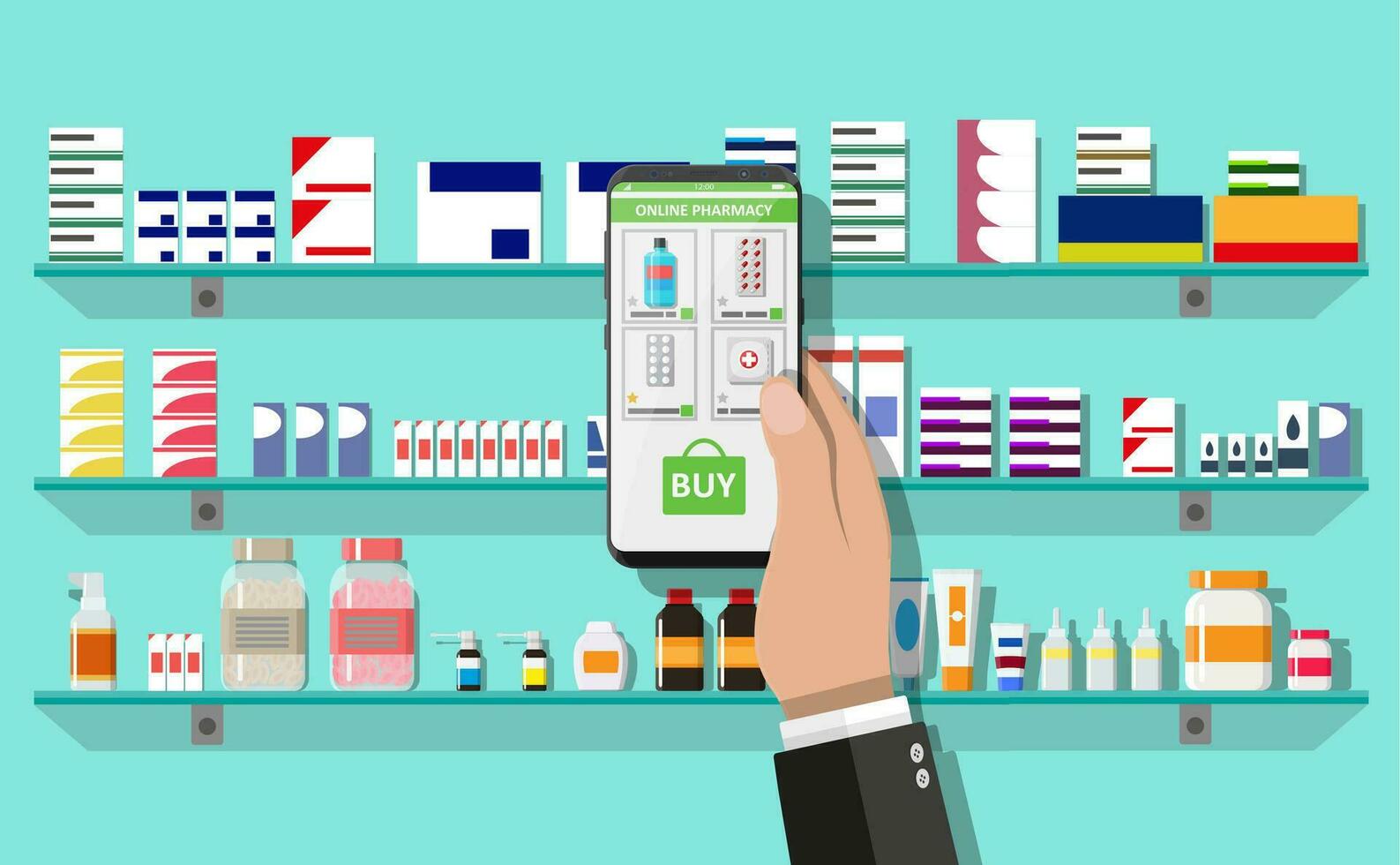 Hand with smartphone with shopping app. Modern interior pharmacy or drugstore. Medicine pills capsules bottles vitamins and tablets on store shelves. Vector illustration in flat style