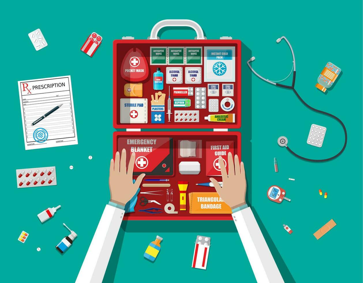 Workflow of physicians. First aid kit with medical equipment and medications. Healthcare, hospital and medical diagnostics. Urgency and emergency services. Vector illustration in flat style