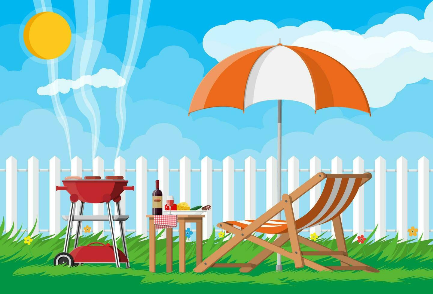 Bbq party. Sun lounger, table with bottle of wine, vegetables and cheese, electric grill with barbecue and umbrella. Cooking steak, meat and sausages, grilling bbq. Vector illustration flat style