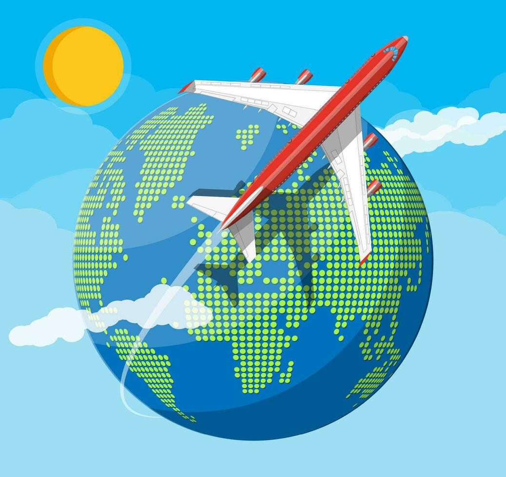 Airplane top view. Passenger or commercial jet. Globe in dots. Cartography and geography. Sun, sky, clouds. Aircrfat lat style. Journey or vacation, business trip. Vector illustration