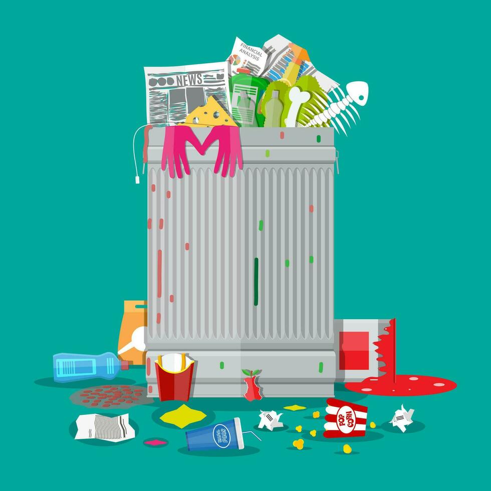Steel garbage bin full of trash. Overflowing garbage, food, rotten fruit, papers, plastic containers and gloves, paint and glass. vector illustration in flat style