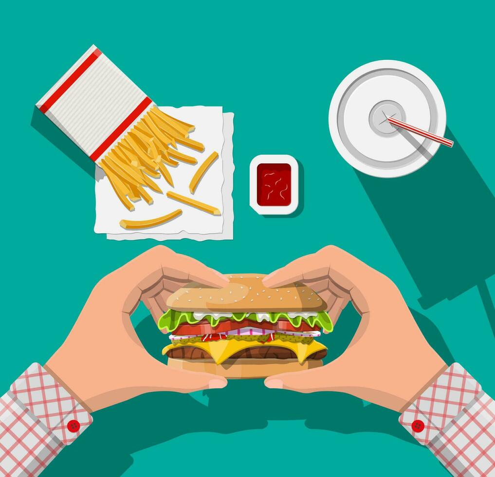 Tasty burger, red striped paper glass with drinking straw, french fries in white paper box. Cup of cola with fries and cheeseburger. Man eating fast food. Top view. Vector illustration in flat style