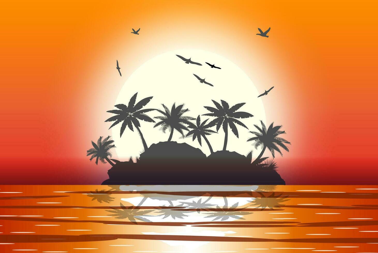 Silhouette of island with palm tree on beach. Sun with reflection in water and seagulls. Sunset in tropical place. Vector illustration