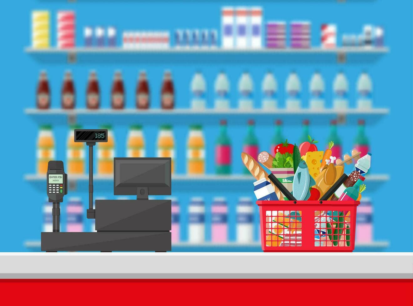 Supermarket interior. Cashier counter workplace. Shopping basket with food and drinks. Shelves with products. Cash register, pos terminal and keypad. Vector illustration in flat style