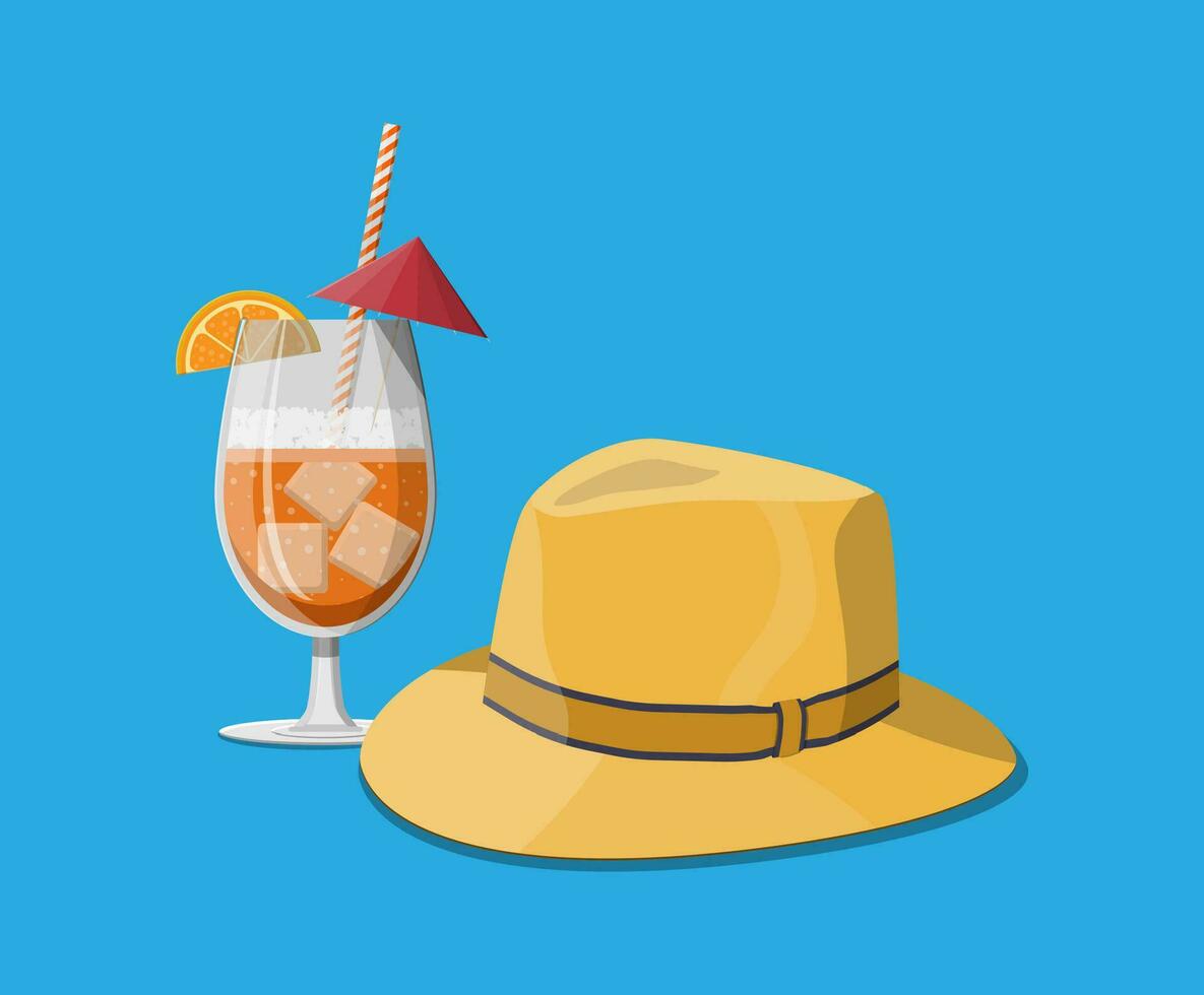 Glass of cold drink, alcohol cocktail. Orange slice and umbrella. Lemonade or fruit juice with ice cubes. Refreshment beach drink with straw. Men straw hat. Vector illustration in flat style