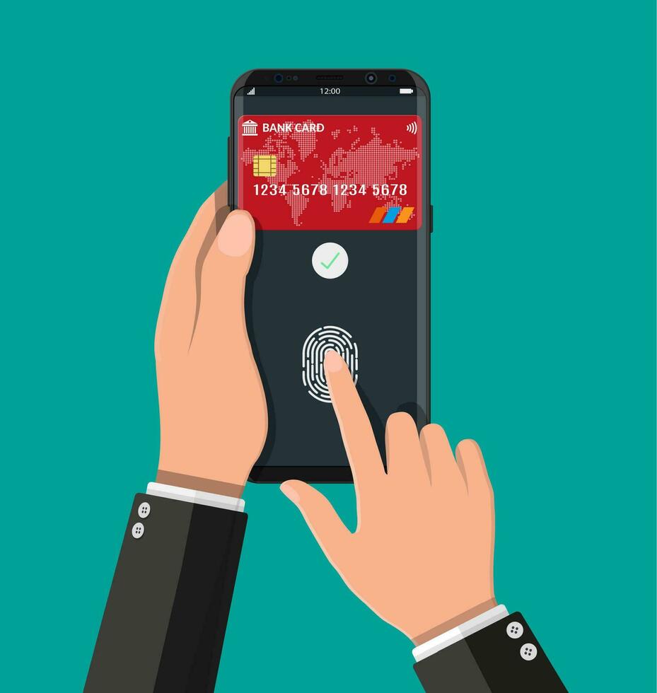 Payment app, bank card on smartphone screen. Hand holds smartphone and finger touches fingerprint sensor. Wireless, contactless or cashless payments, rfid nfc. Vector illustartion in flat style