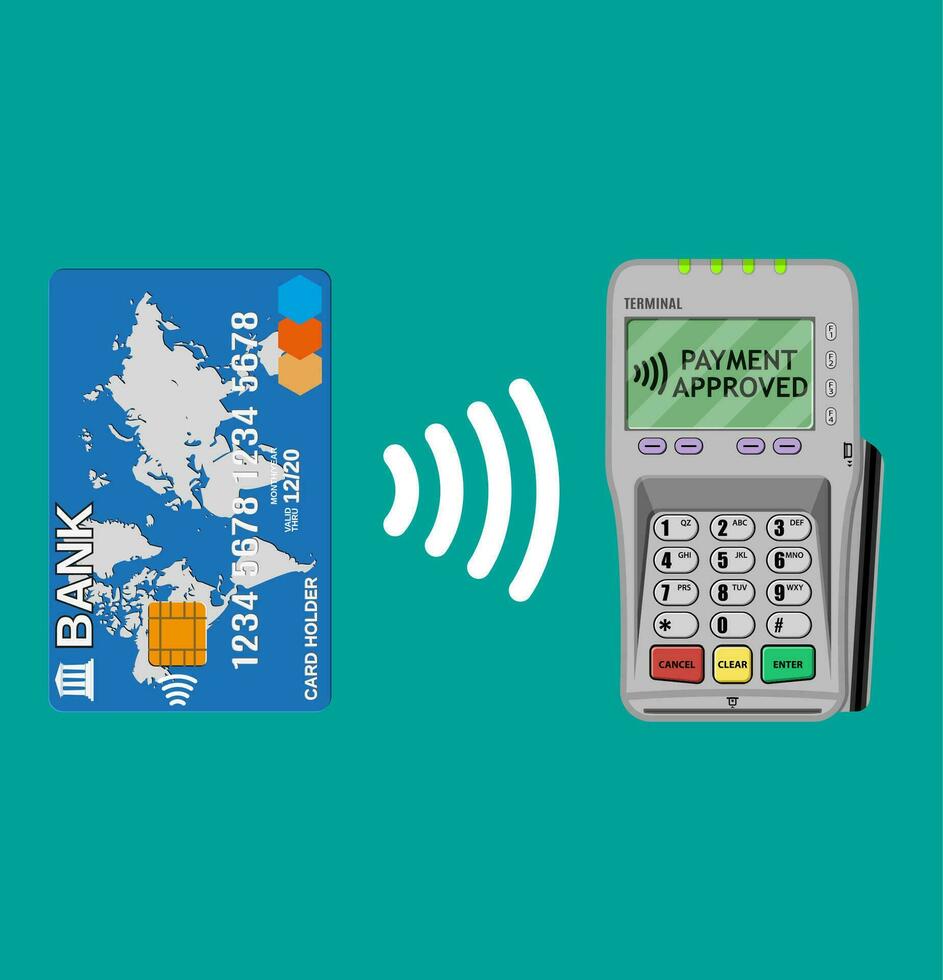 Pos terminal confirms the payment by bank card. nfc payments concept Vector illustration in flat design.