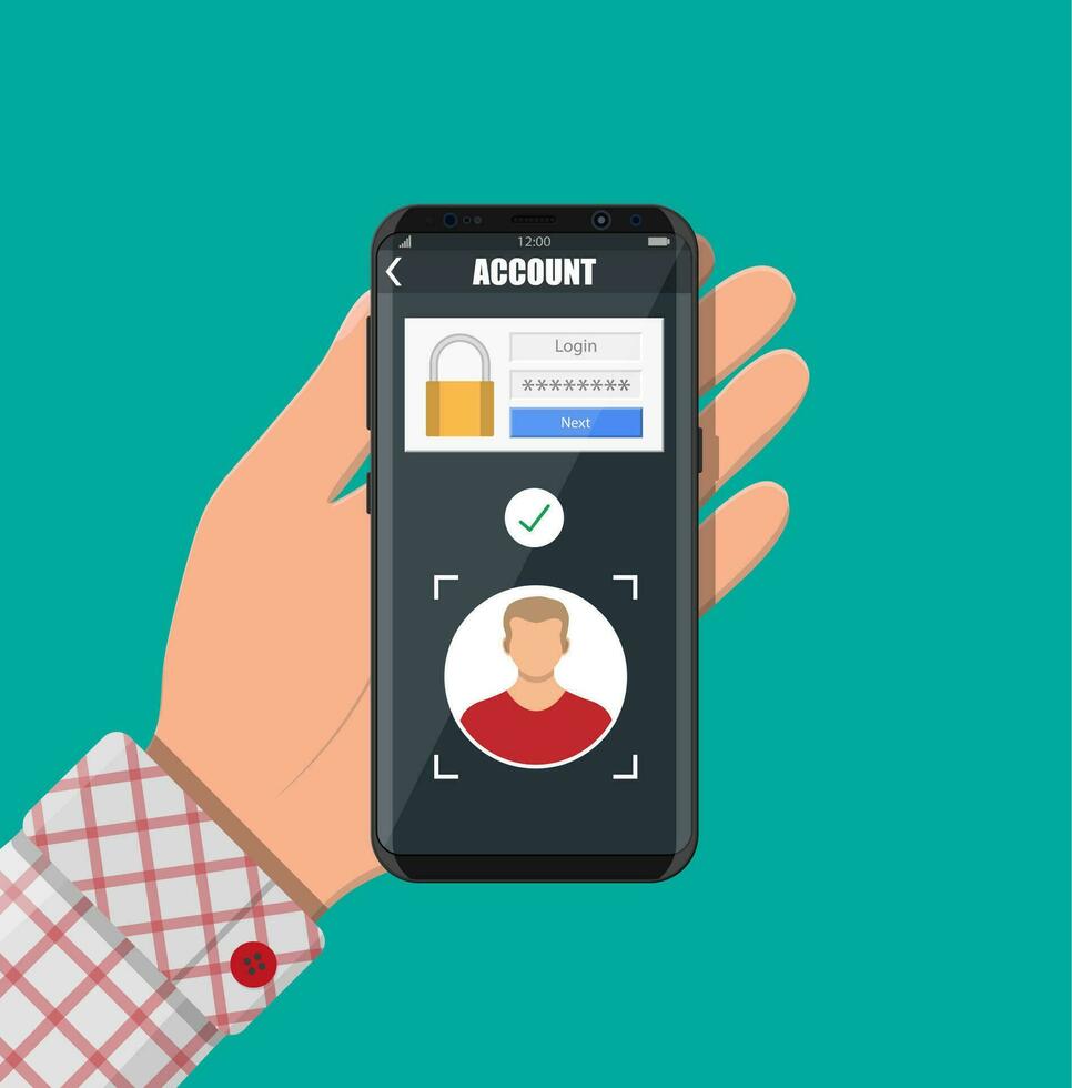 Hands with smartphone unlocked by face recognition. Mobile phone security, personal access via finger, login form into account managment, authorization, network protection. Vector illustration flat