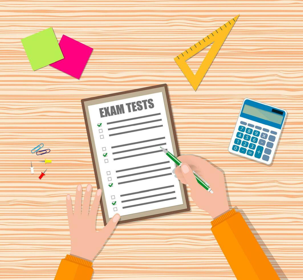 Student hand fills examination quiz paper with green pen, School exam test results. wooden school desk with pins, calculator. vector illustration in flat design.
