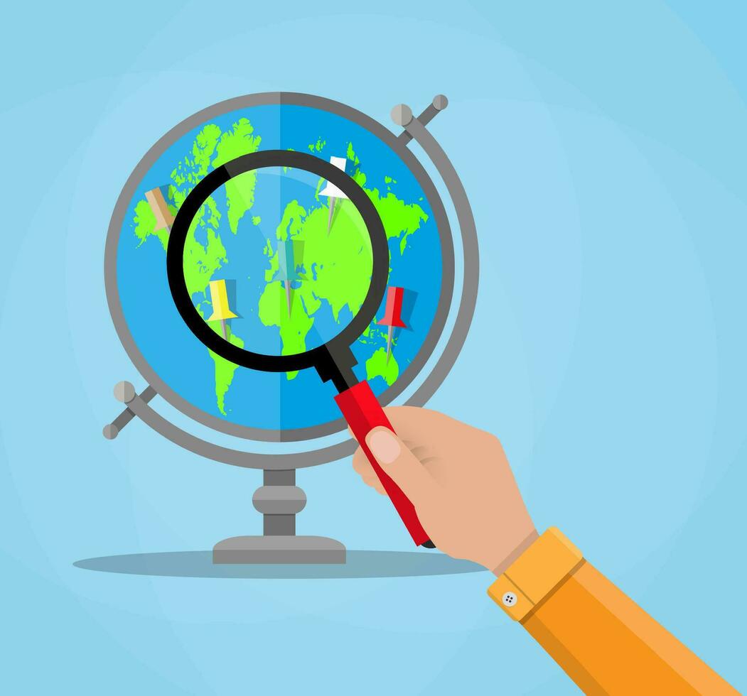 Globe with blue earth and green continents world map and magnifying glass in human hand. vector illustration in flat style