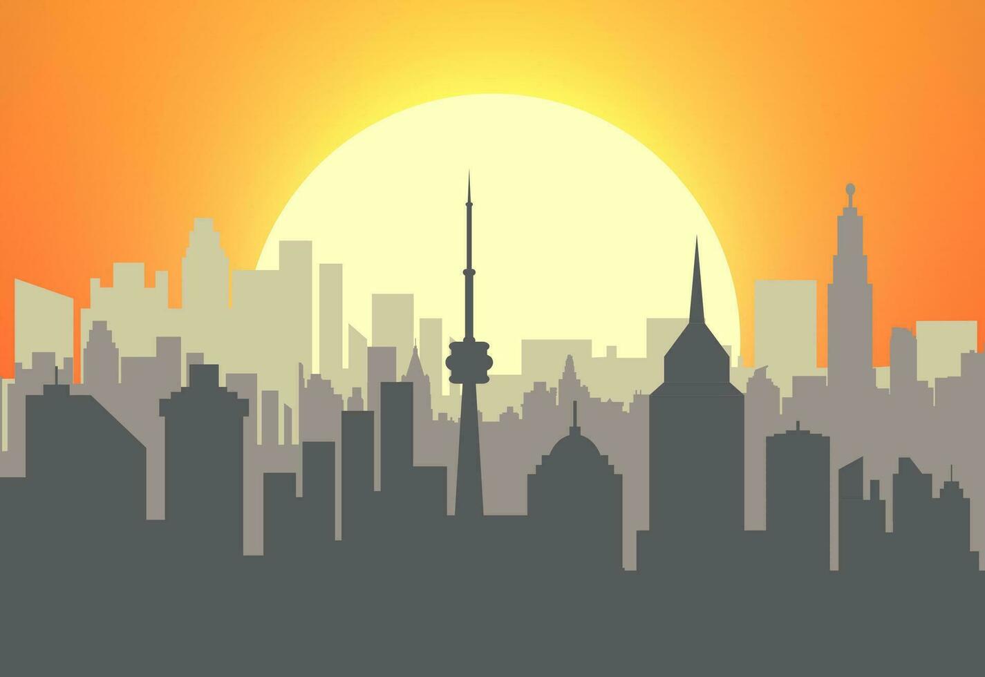 City skyline silhouette at sunset. skyscappers, towers, office and residental buildings. vector illustration