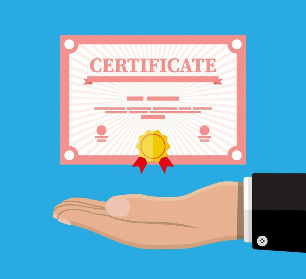 Certificate template in hand. Diploma or accreditation with yellow stamp and red ribbons. Voucher or invitation. Graduation concept. Vector illustration in flat style
