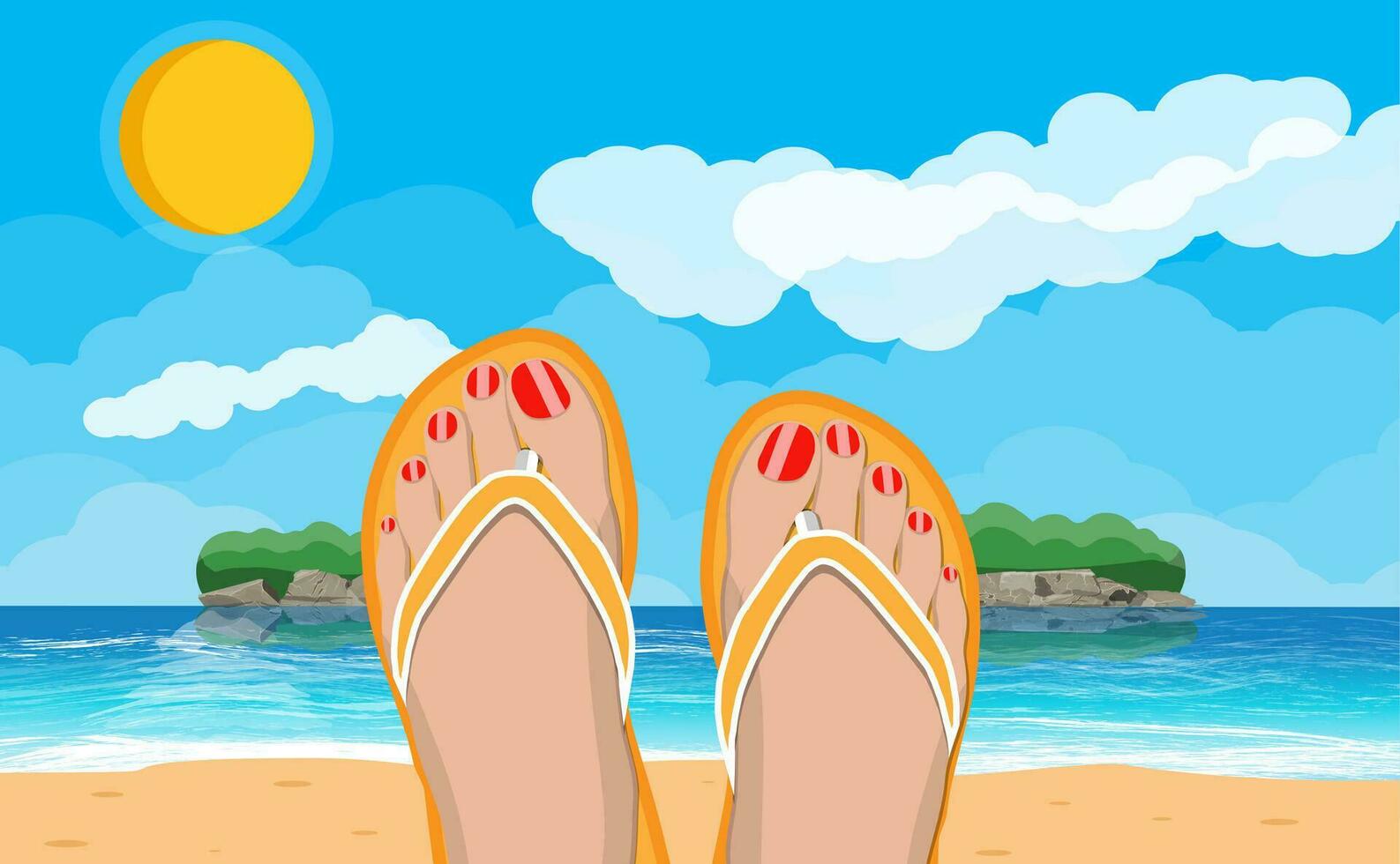 Womens feet in flip flops. Landscape of beach with islands. Sun with reflection in water and clouds. Day in tropical place. Vacation and holidays. Vector illustration in flat style