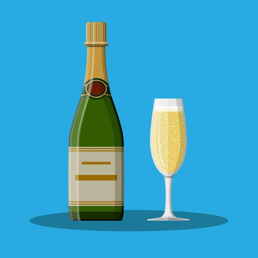 Bottle of champagne and glass. Champagne alcohol drink. Vector illustration in flat style