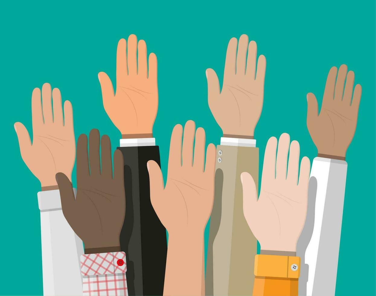 Raised up hands. People vote hands. Volunteering and election concept. Vector illustration in flat style