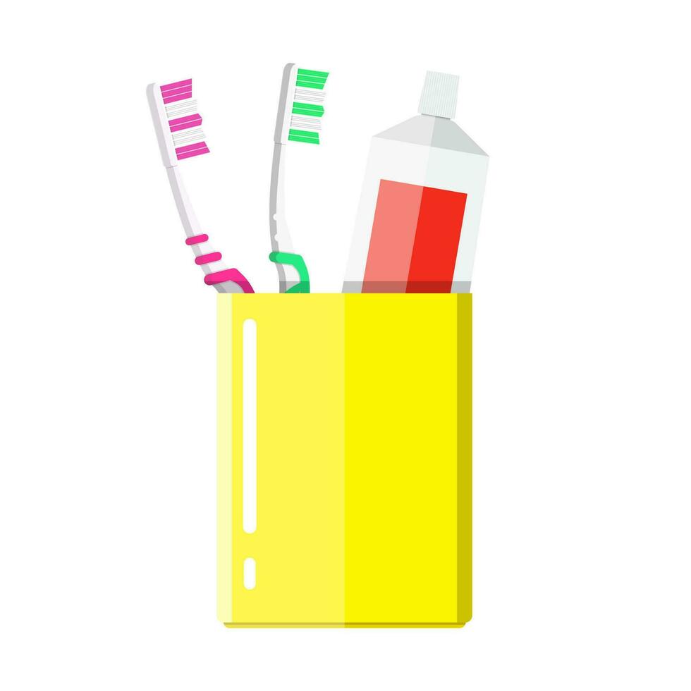 cepillo de dientes, pasta dental en un vaso. ivector ilustración en plano estilo en azul antecedentes vector