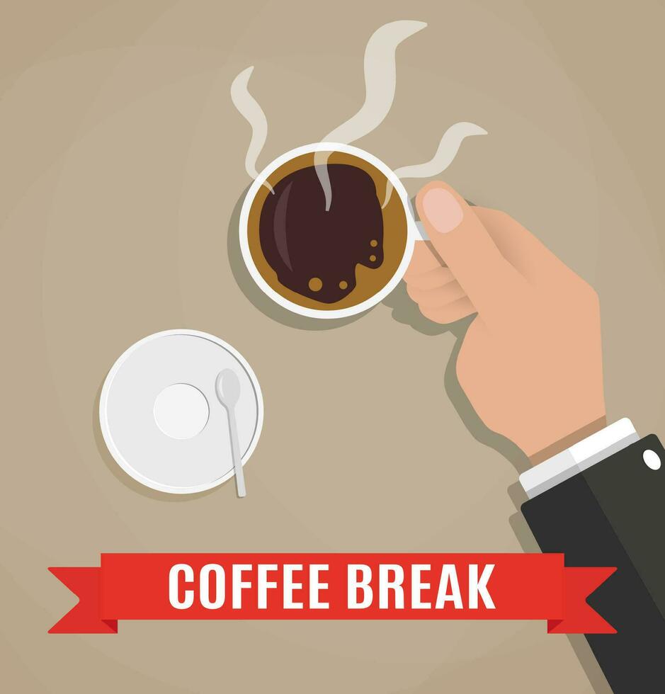 Cartoon businessman holding cup of hot coffee. coffee break,  crockery for coffee, time out on work. vector illustration in flat design on brown background
