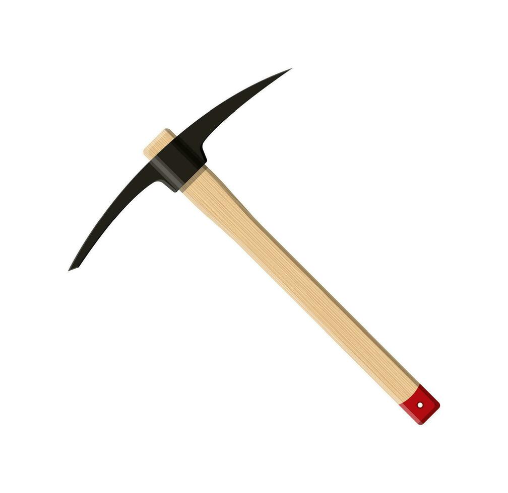 Wooden pickaxe with iron tip. Miners hand tool for extracting minerals. Vector illustration in flat style