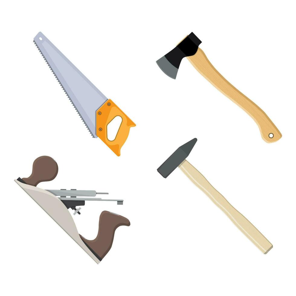 set of carpenter. hand plane, saw, hammer, axe. vector illustration in flat style