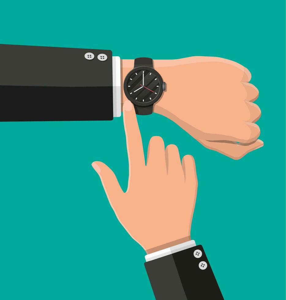 Wristwatch on hand. Man check the time. Time on wrist watch. Black clock with strap. Vector illustration in flat stile