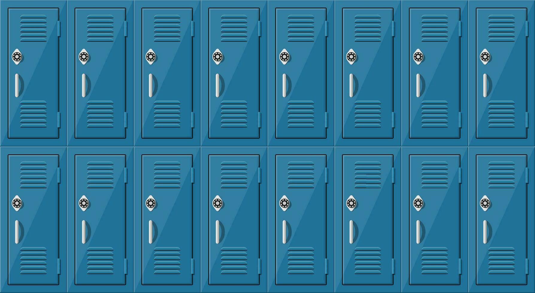 azul metal gabinetes casilleros en colegio o gimnasio con plata manejas y Cerraduras. seguro caja con puertas, armario, compartimiento. vector ilustración en plano estilo