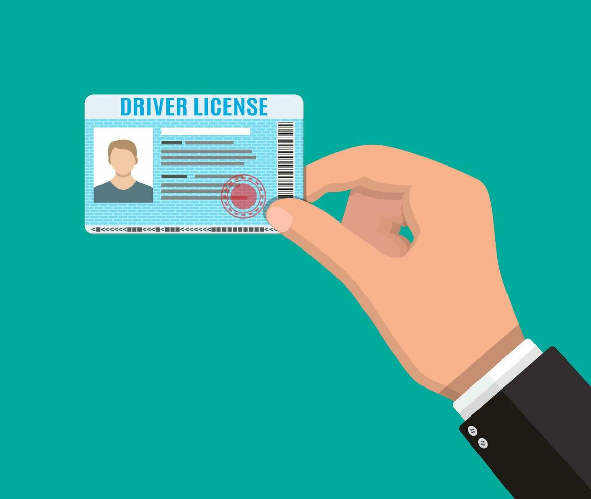 Car driver license identification card in hand with photo. Driver license vehicle identity document. Stamp, barcode, plastic id card. Vector illustration in flat style