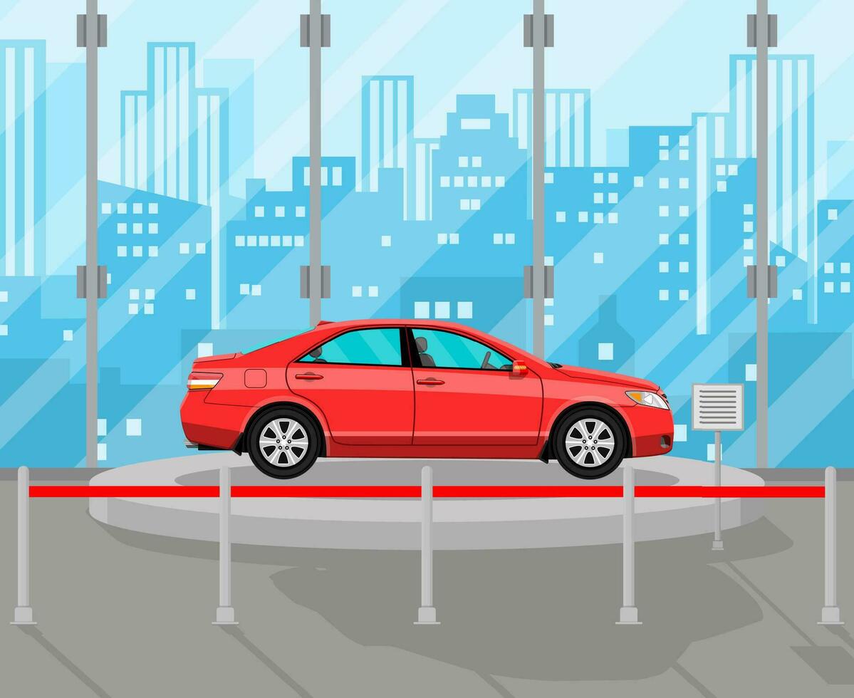 Exhibition Pavilion, showroom or dealership with red car, vector illustration in flat style.