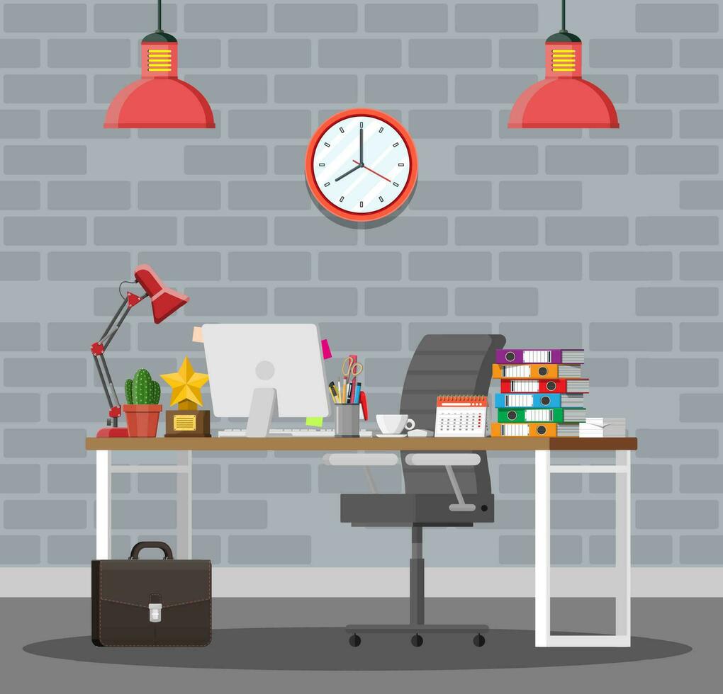 Office desk with computer chair, lamp, coffee cup, cactus document papers. Calendar, stationery, folders, trophy briefcase. Modern business workplace. Workspace table. Vector illustration flat style