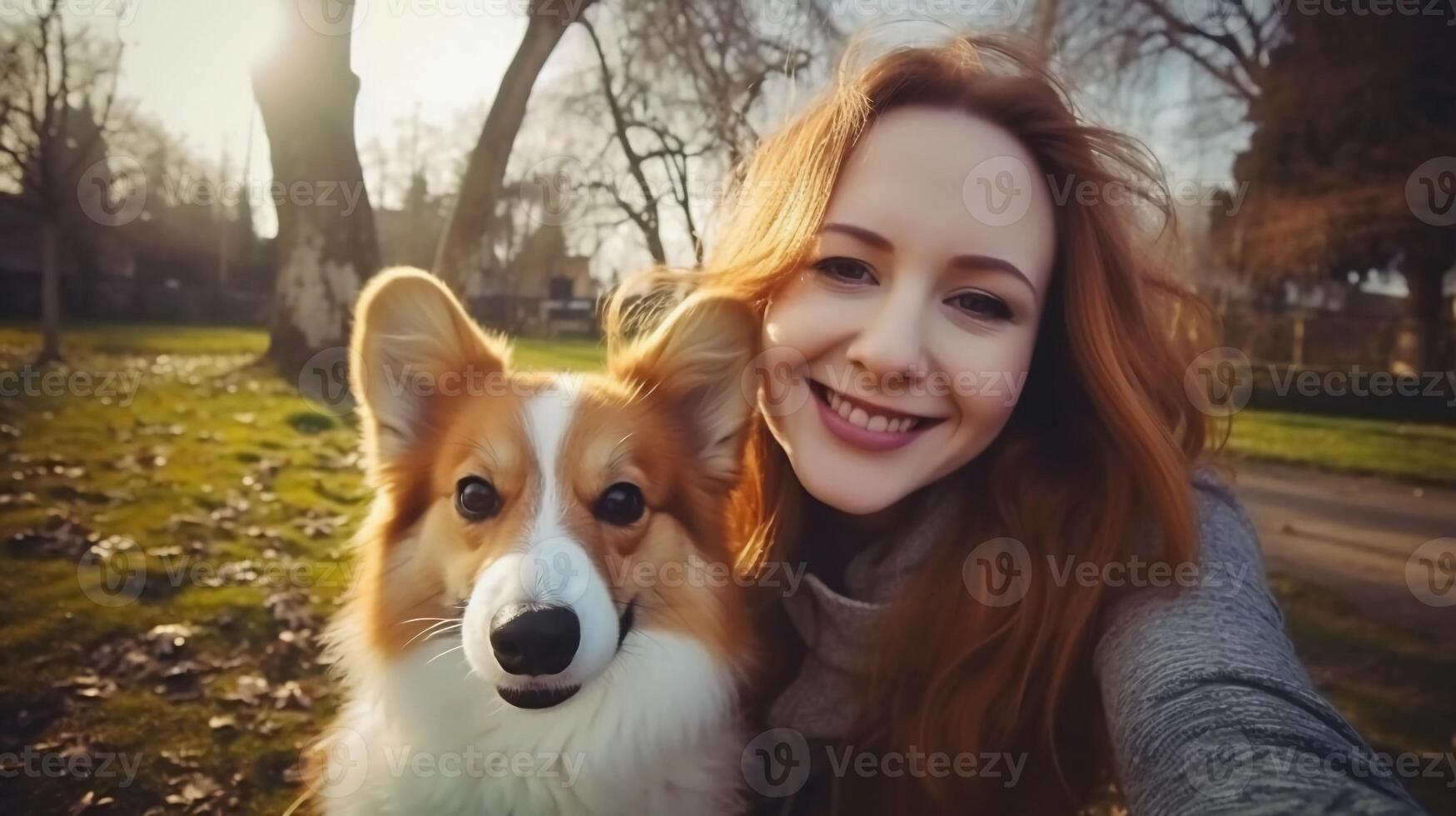 AI generated reality photo of woman taking selfie with pet welsh corgi ...