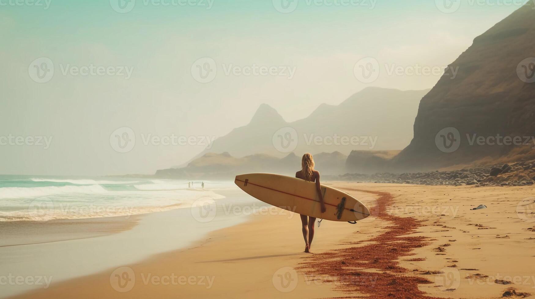 ai generado realidad foto mujer tablista que lleva tabla de surf, playa, santiago durante un muy soleado día