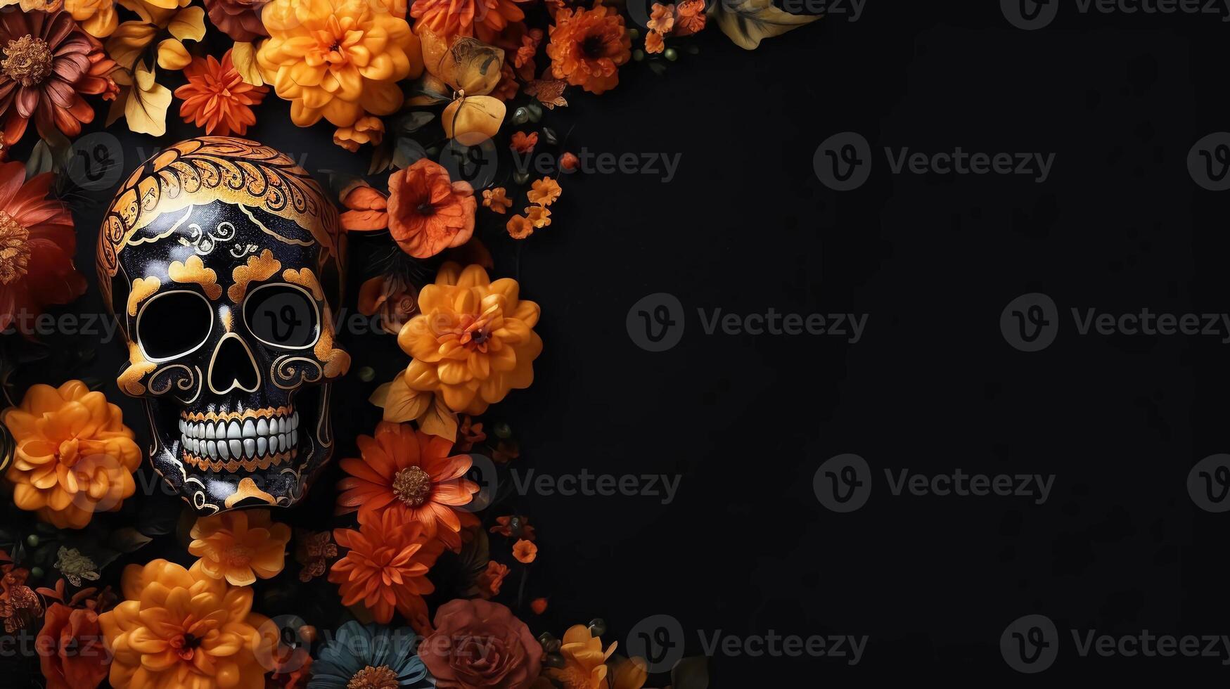 AI generated photo reality Marigold flowers with frames and painted skulls