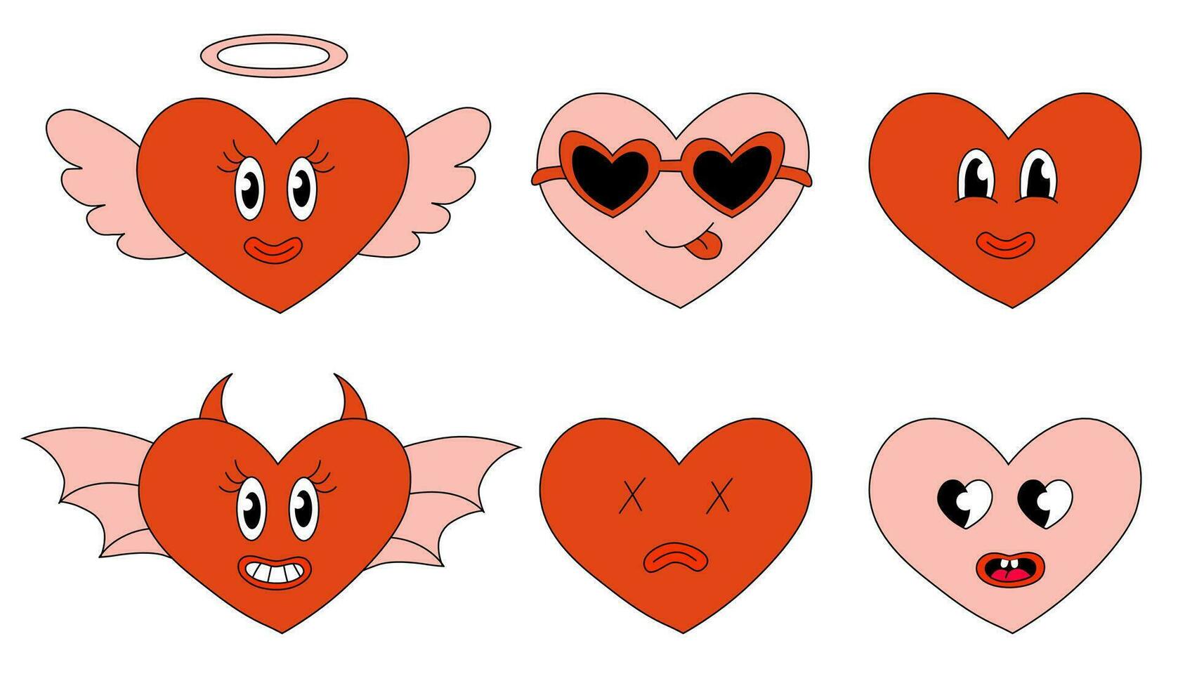 conjunto corazones caracteres para san valentin día. corazones ángel y demonio, en Gafas de sol, sonrisa y muerto. mascota en maravilloso y y2k estilo. vector dibujos animados ilustración.