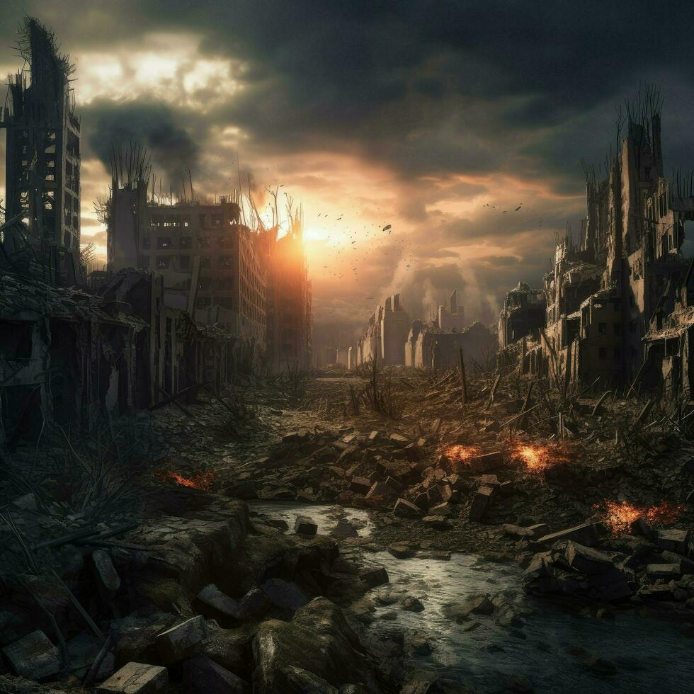 AI generated Destroyed city after the war. Dramatic scene of the fuming city, Bombed out and burning, Human suffering for war Ai generated photo