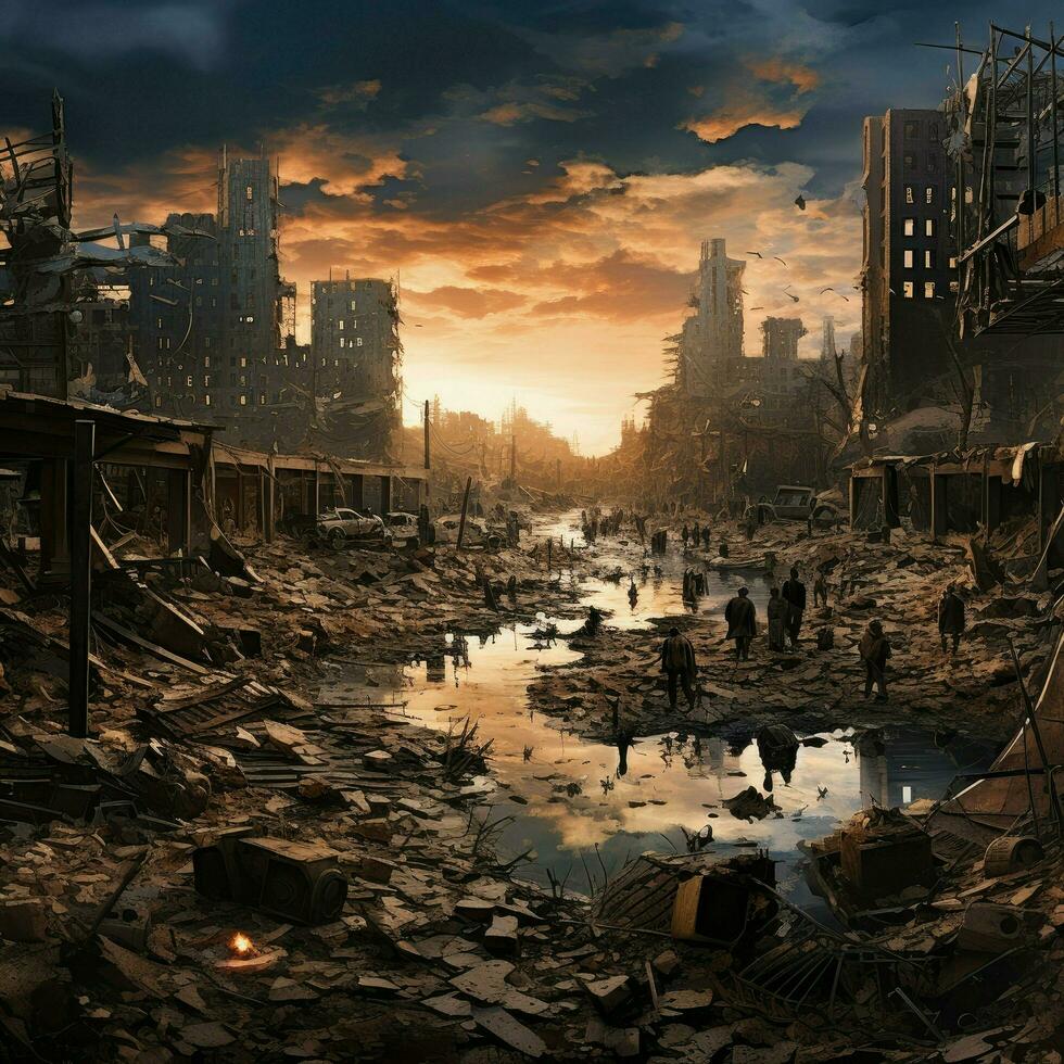 AI generated Destroyed city after the war. Dramatic scene of the fuming city, Bombed out and burning, Human suffering for war Ai generated photo