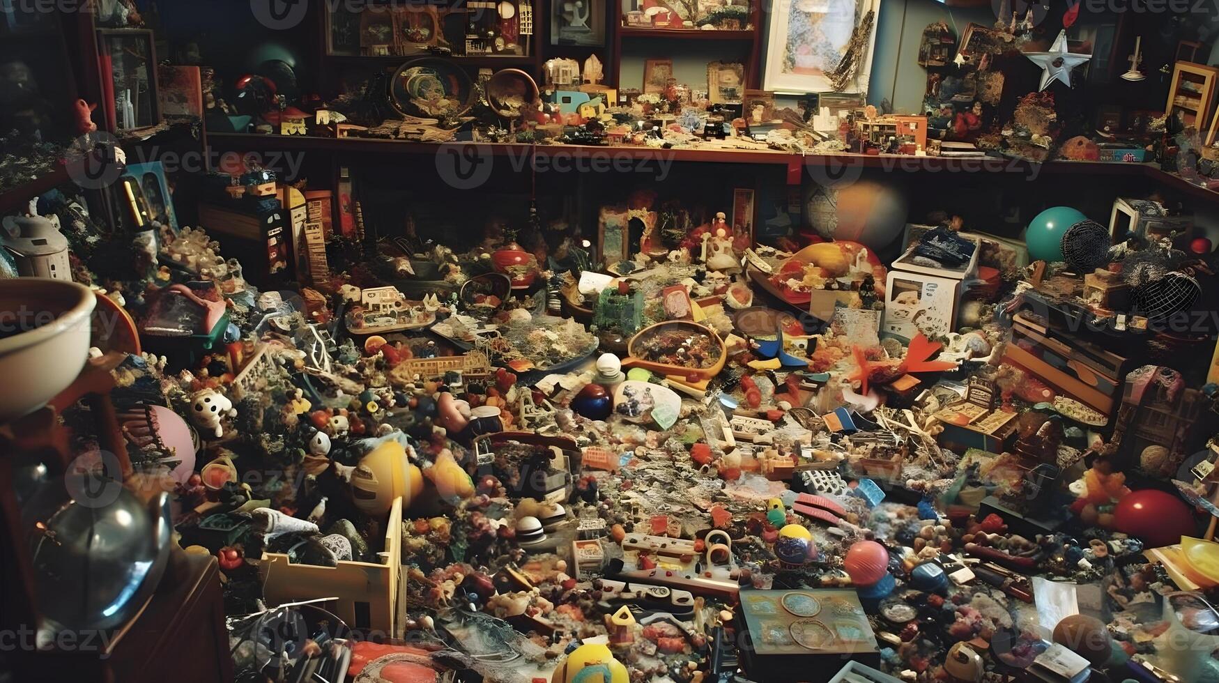 AI generated A Messy Room Full of Stuff, Including Toys, Clothes, Books, and Sports Equipment, Creating a Chaotic and Playful Atmosphere photo