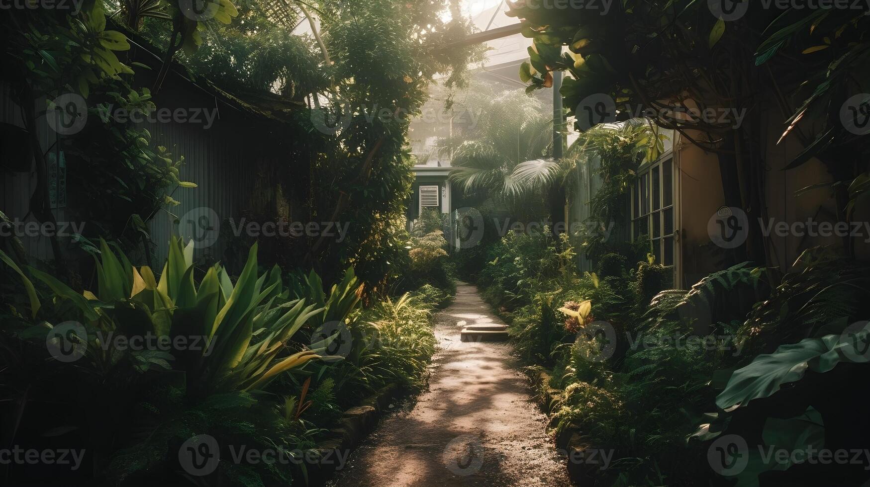 AI generated The path at the side of the house or footpath to the backyard, covered with lush and lush tropical ornamental plants on the left and right. photo