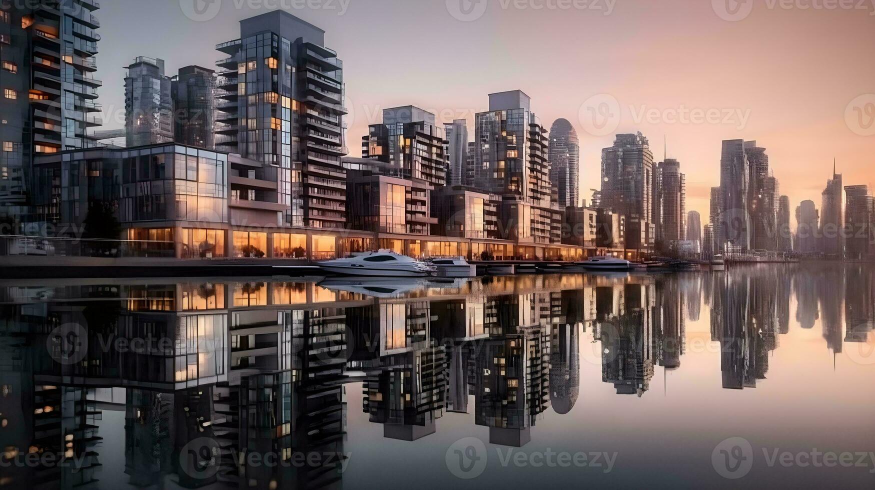 AI generated An elite apartment complex or business district with yacht parking at the bay, reflection at the water. photo