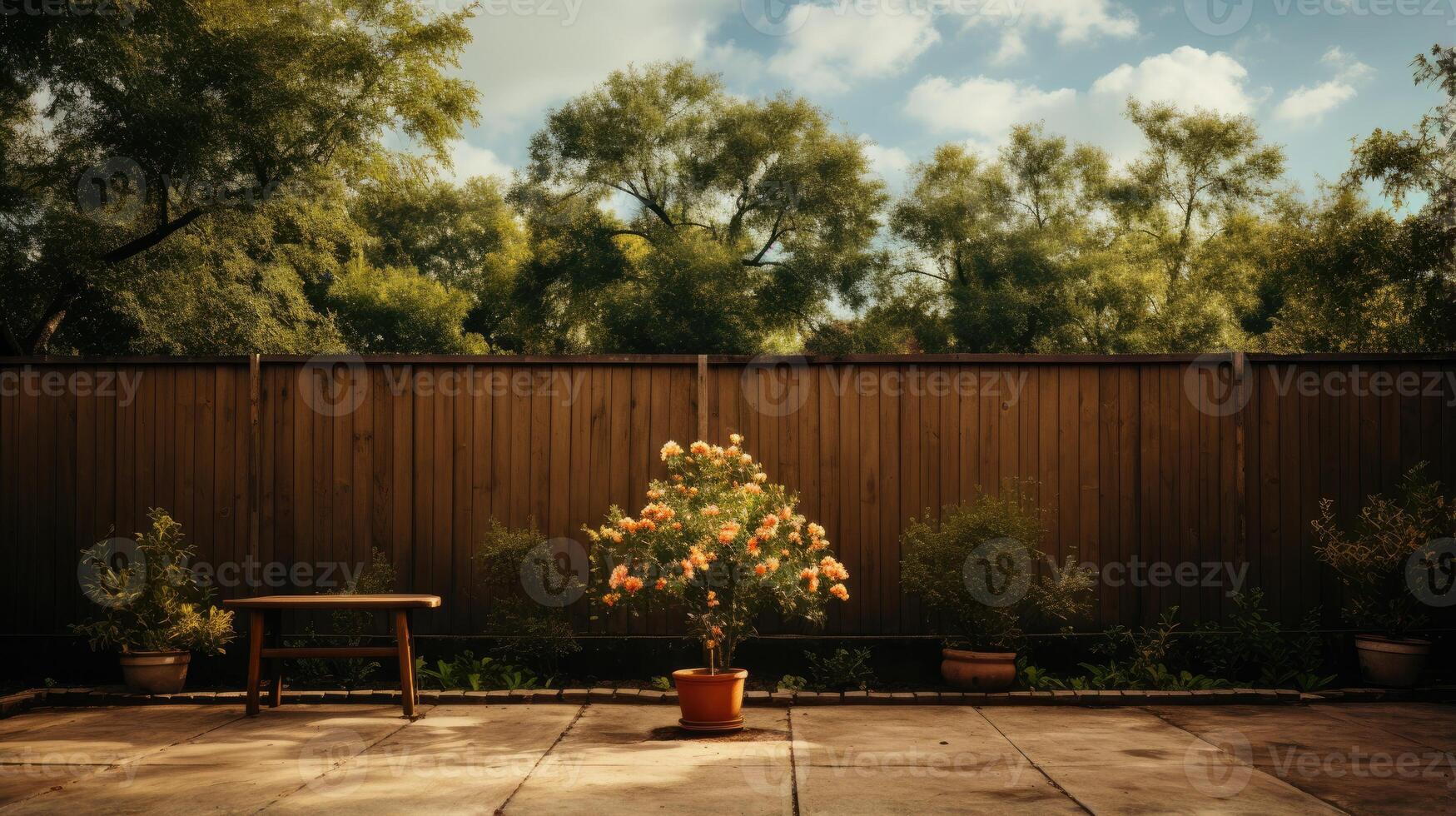 AI generated Concrete terrace and backyard home wooden fence as a backdrop with tall green tree and blue sky in the background as a beautiful nature backdrop. photo