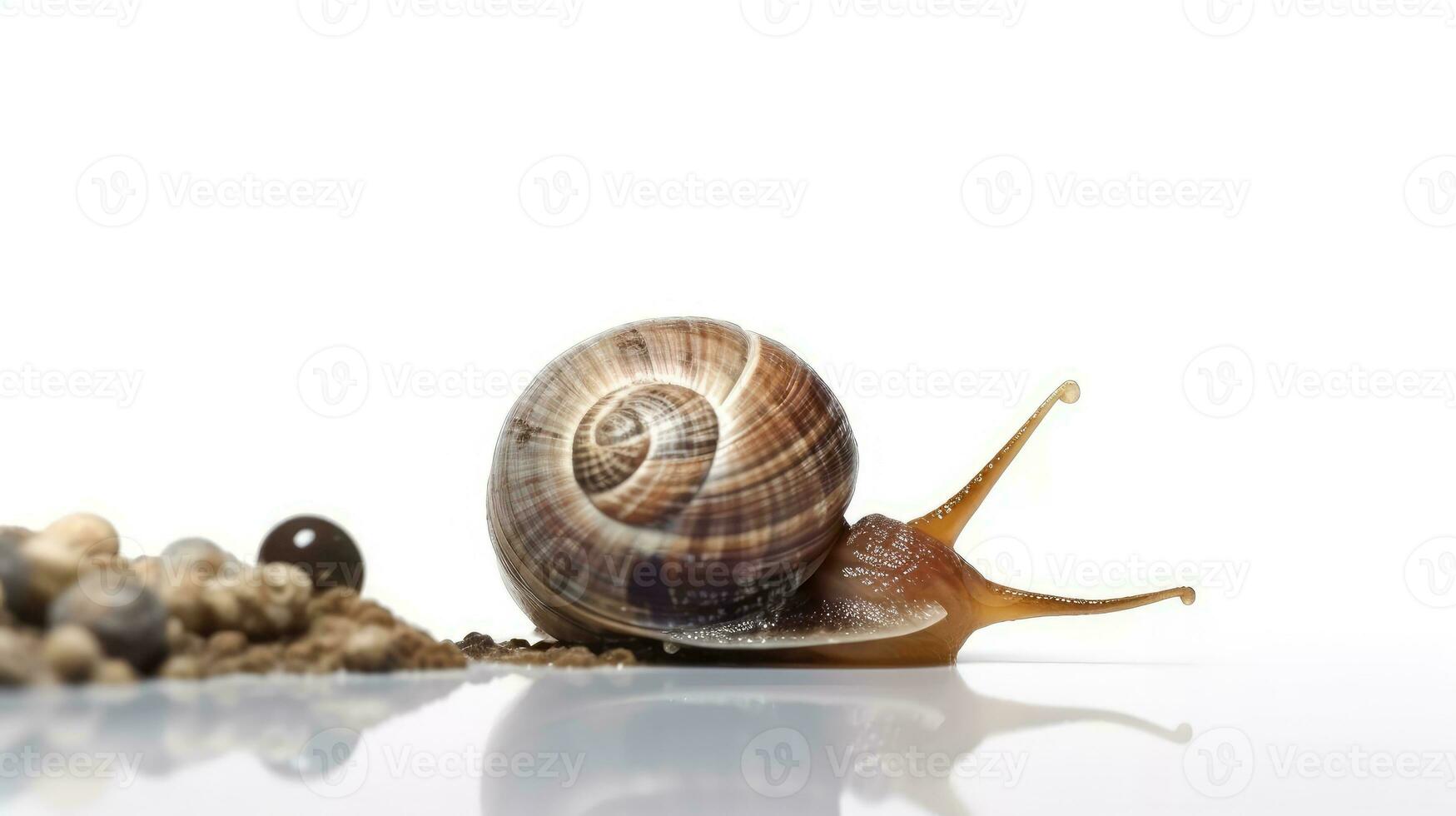 AI generated Side View Studio Shot of a Snail with White Isolated Background and Reflection, Highlighting the Spiral Shell, Long Tentacles, and shell. photo