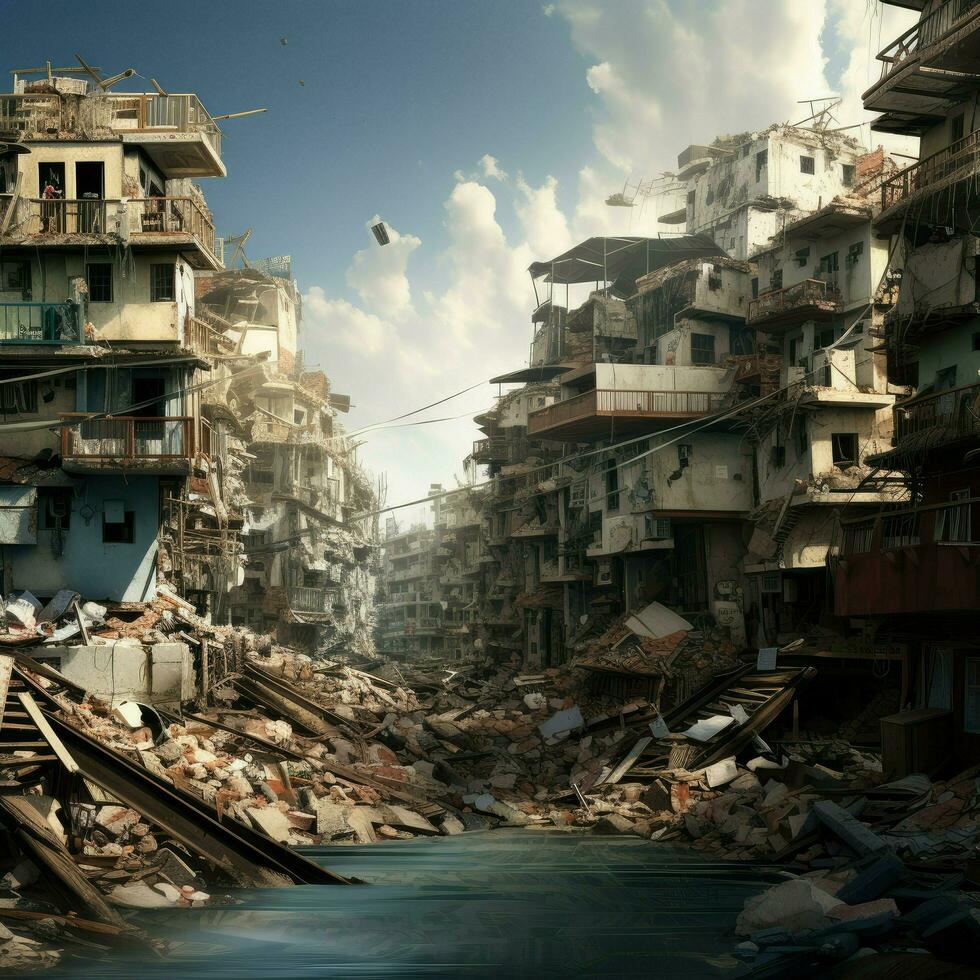 AI generated Destroyed city after earthquake. Dramatic scene of the fuming city and burning, Human suffering for earthquake Ai generated photo